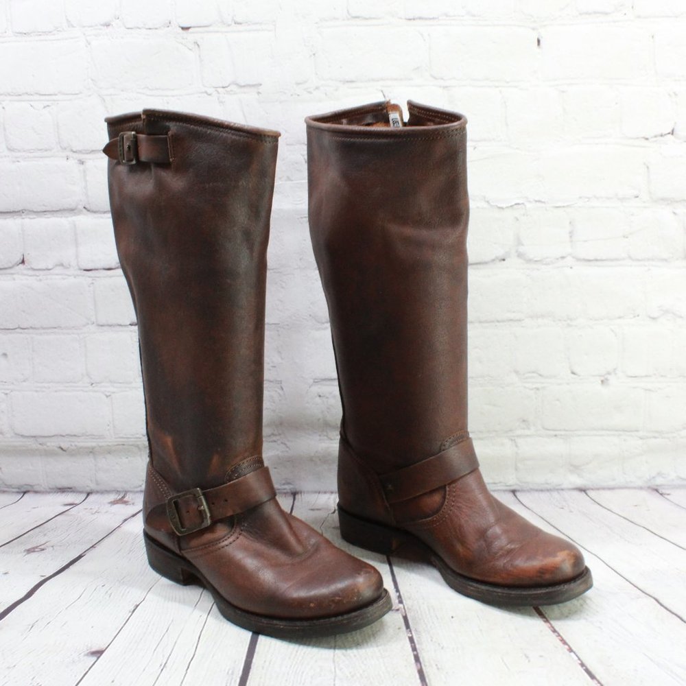 FRYE Veronica Brown Distressed Leather Buckle Tall  Boots Size 7.5 B - Picture 3 of 10